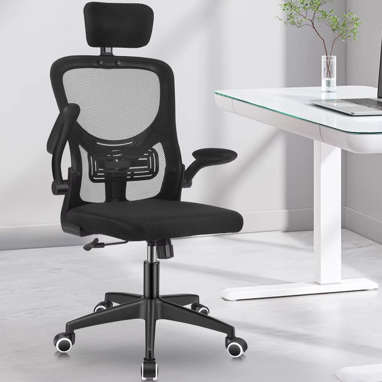 Office Chair Desk Chair – Ergonomic Mesh Chair with Adjustable Headrest & Flip-Up Armrests