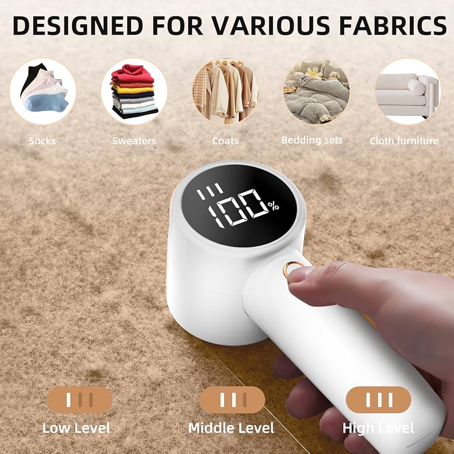 Rechargeable Fabric Shaver – 3 Speeds, 2000mAh Battery, LED Display | Lint & Fuzz Remover for Sweaters, Bedding & Upholstery