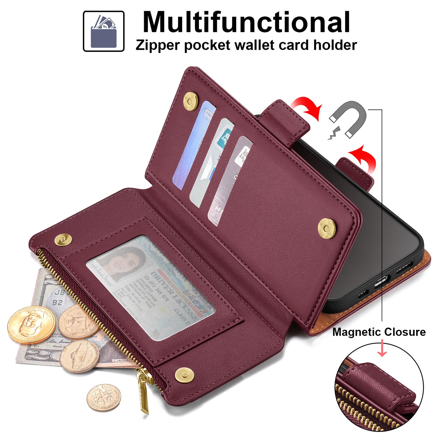 PU Leather Phone Case with Zipper Wallet – Anti-Drop Protection