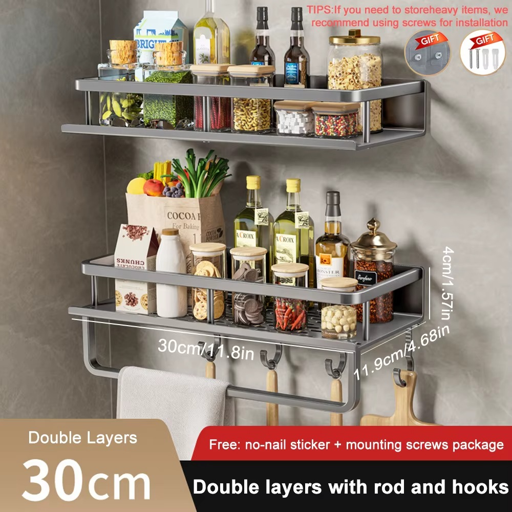 1/2Pcs Wall-Mounted Spice Rack – No-Drill Kitchen Organizer with Hook Rod