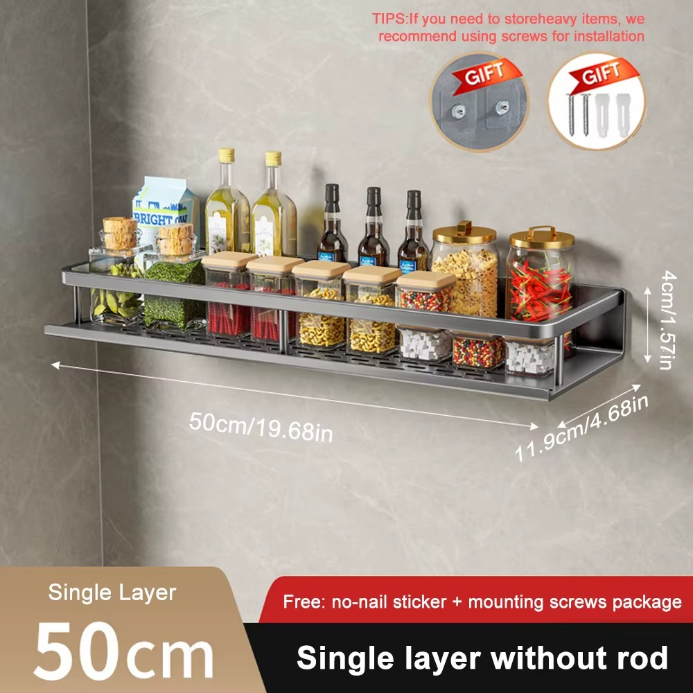 1/2Pcs Wall-Mounted Spice Rack – No-Drill Kitchen Organizer with Hook Rod