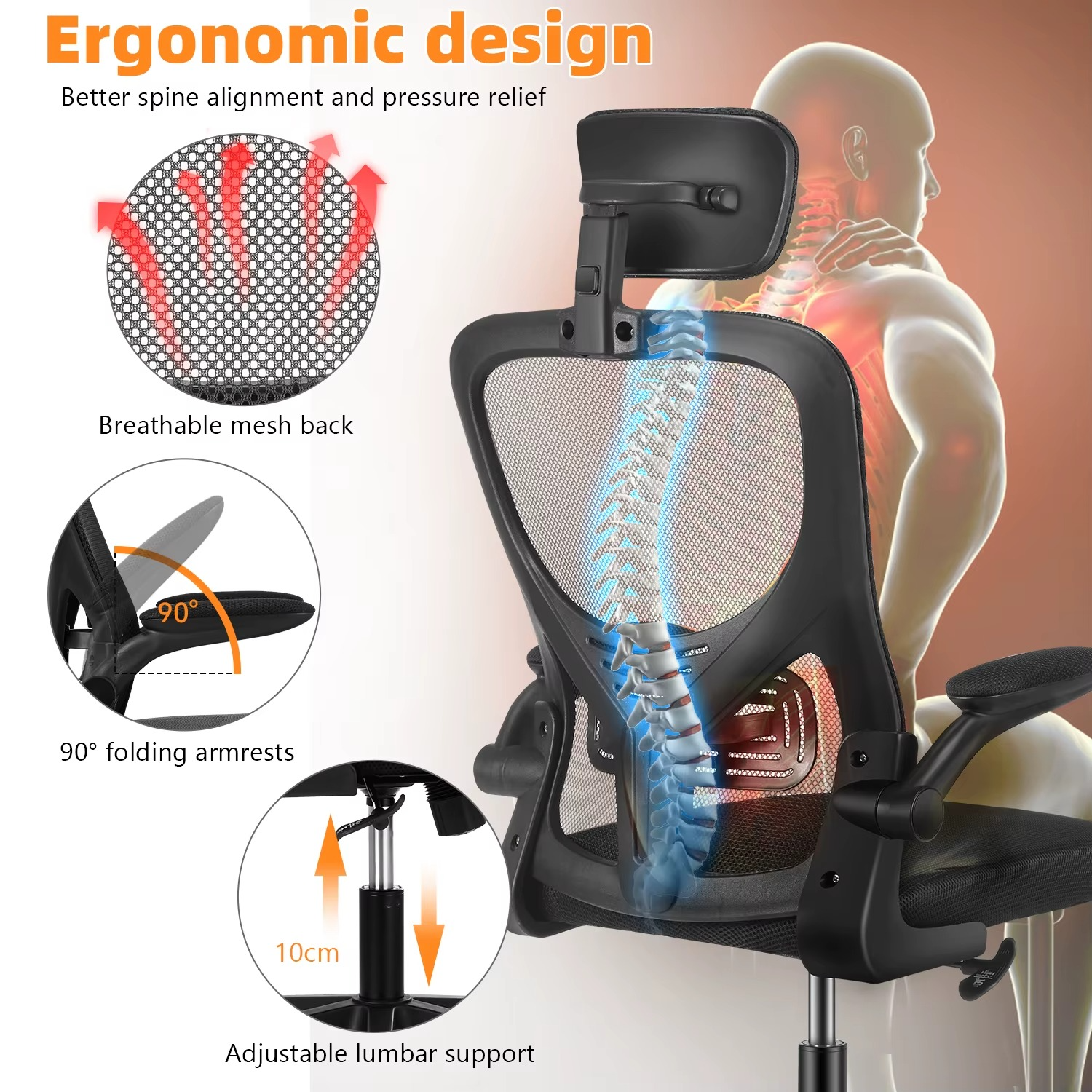 Office Chair Desk Chair – Ergonomic Mesh Chair with Adjustable Headrest & Flip-Up Armrests