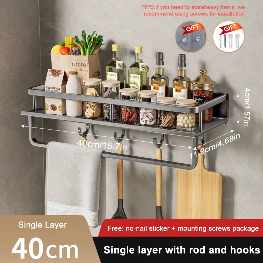 1/2Pcs Wall-Mounted Spice Rack – No-Drill Kitchen Organizer with Hook Rod