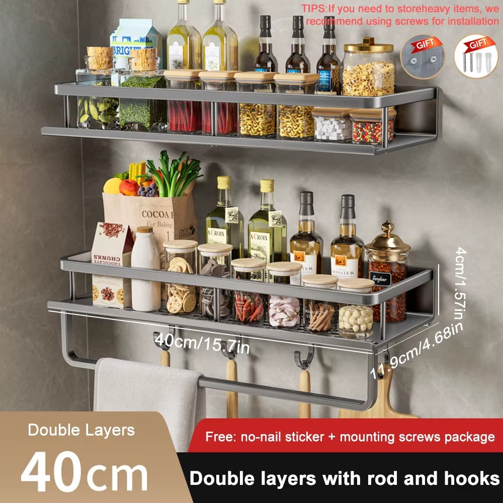 1/2Pcs Wall-Mounted Spice Rack – No-Drill Kitchen Organizer with Hook Rod