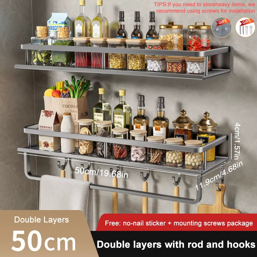 1/2Pcs Wall-Mounted Spice Rack – No-Drill Kitchen Organizer with Hook Rod