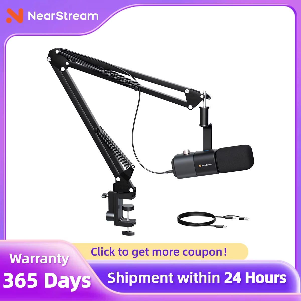 NearStream USB/XLR Dynamic Microphone with Boom Arm – Professional Studio Mic for Gaming, Streaming & Podcasting